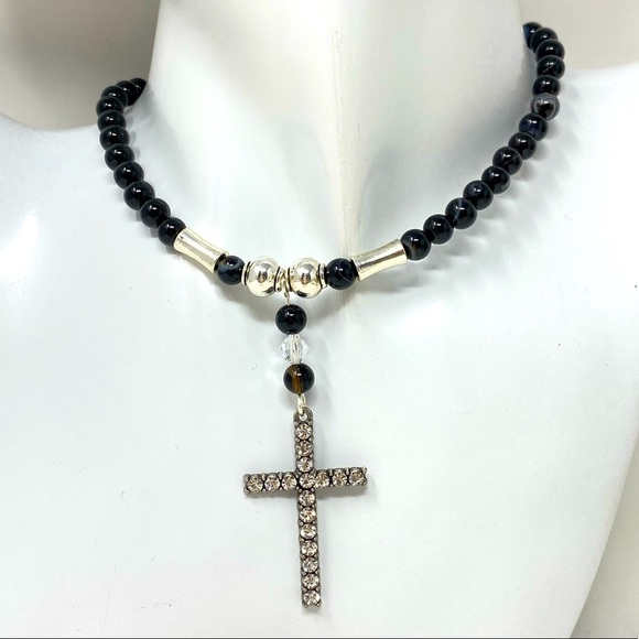 Sparkling cross crucifix necklace with black jasper 18.75” adjustable to 16.25” - Picture 3 of 5